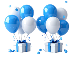 Two bunches of blue and white balloons tied to gift boxes