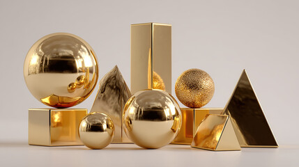 Elegant Shiny Golden 3D Shapes with Sparkle and Reflect on Transparent Background