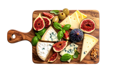 Assorted cheeses, figs, olives, and basil on a wooden board