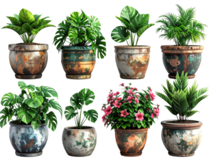 Nine potted tropical plants in various types of terracotta-style planters