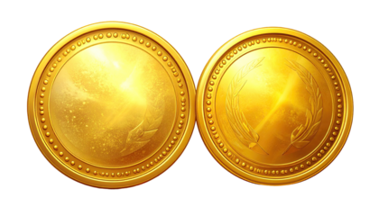 Two golden coins, meticulously detailed, with a circular border of small dots. 