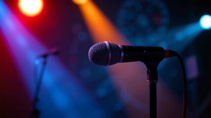 Microphone in the Spotlight: Illuminated under a vibrant display of stage lights, a sleek microphone stands ready, symbolizing the power of voice and performance in a lively atmosphere.