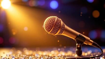 Spotlight Stage Presence: A captivating image of a golden microphone, illuminated by a vibrant spotlight, captures the allure of the stage.