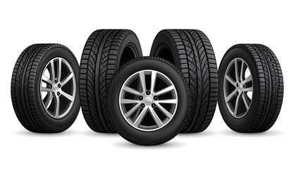 Naklejka premium Realistic car tires and rims arranged
