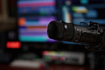 Microphone capturing audio for a podcast or live stream. Blurred computer screen showing audio editing software in background