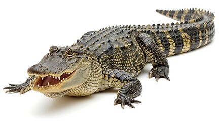 Naklejka premium American Alligator with Open Mouth and Visible Teeth on White Background Showing Scaled Body and Greenish-Brown Coloration