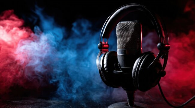 Studio microphone and headphones creating content with dramatic lighting and color smoke. Broadcasting, podcasting, and audio recording
