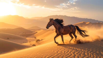Majestic horse running through desert dunes at sunset
