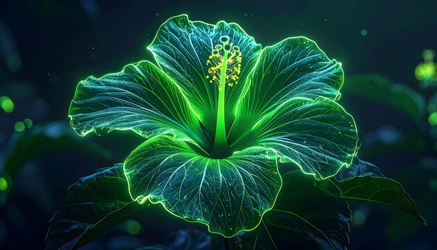 Glowing hibiscus flower in a dark, ethereal setting