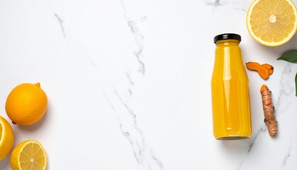 Vibrant yellow turmeric lemon drink in a bottle, surrounded by fresh lemons and turmeric root on a white marble surface. Generated image