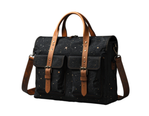 Dark navy canvas briefcase with gold stars.  Leather handles and straps.  Two visible exterior pockets