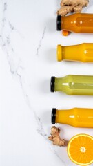Vibrant yellow turmeric lemon drink in a bottle, surrounded by fresh lemons and turmeric root on a white marble surface. Generated image