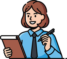 A smiling woman in a blue shirt and tie holds a clipboard and pen, appearing to take notes or fill out a form.