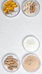 Mixed nutritional supplements, including softgels and capsules, in various colors on a white background. Generated image