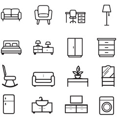 Set of various modern furniture and home interior icons in black and white line art. Decor and living essentials vector