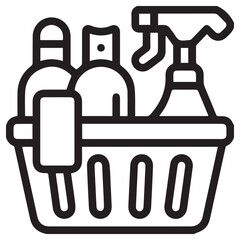 Outline icon of a plastic basket filled with various cleaning products like spray bottles and detergents. Home service vector