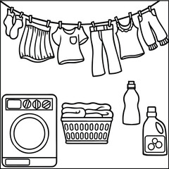 Black and white line art of laundry hanging on a clothesline above a washing machine, basket, and detergent bottles. Coloring page
