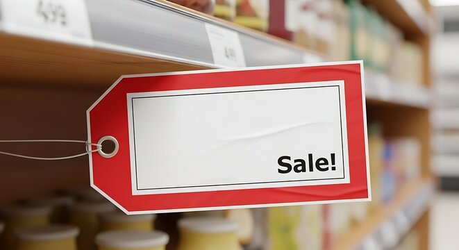Price Tag in Shop: A vibrant red price tag, boldly proclaiming Sale!, takes center stage in a bustling shop setting, drawing attention to discounted deals and the excitement of bargain hunting.