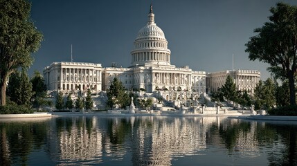 Fototapeta premium US Capitol Building reflected in water showcasing the architecture and landscape scene