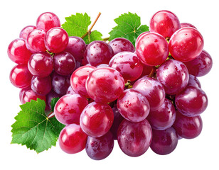 Fototapeta premium Close-up of a cluster of plump, vibrant red grapes, glistening with water droplets. Fresh green leaves are attached to the stem