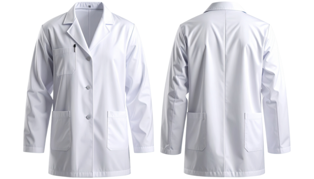 Front and back view of a plain white lab coat - Powered by Adobe