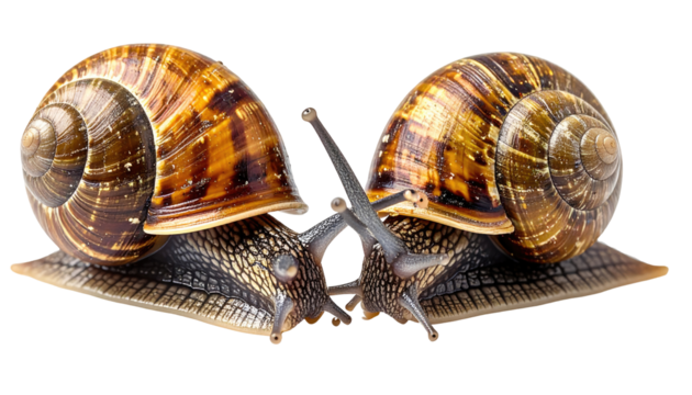 Two snails facing each other, shells patterned in brown and tan, close-up