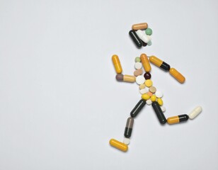 Stick figure of a person running, formed by colorful pharmaceutical pills, tablets, and capsules on a white background. Generated image