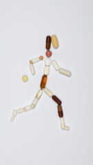 Stick figure of a person running, formed by colorful pharmaceutical pills, tablets, and capsules on a white background. Generated image