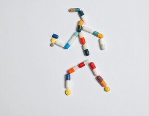 Stick figure of a person running, formed by colorful pharmaceutical pills, tablets, and capsules on a white background. Generated image