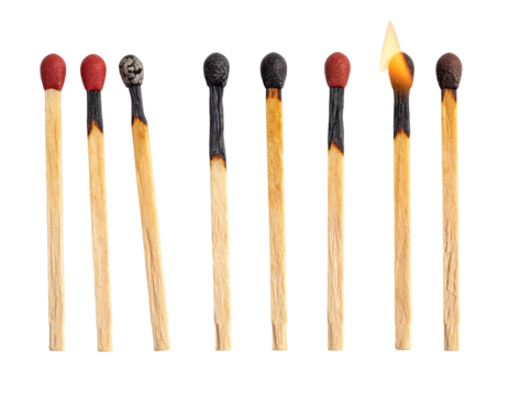 Matchsticks in a row, various stages of burning