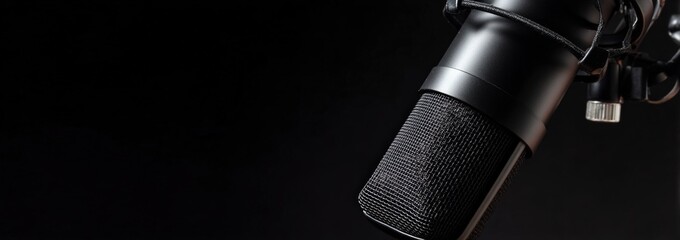 Studio microphone capturing voice sound. Concept of podcasting, radio communication, broadcasting, and audio recording