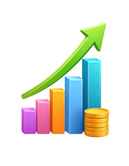 Colorful bar graph with upward trending arrow and coins