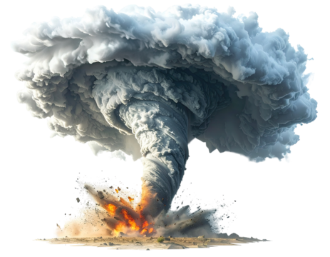 Powerful tornado descends, massive cloud of gray and black, fiery ground impact