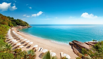 Naklejka premium Calming Landscape With Beach With Umbrellas And Sunbeds Vacation And Summer With Space For Inscriptions