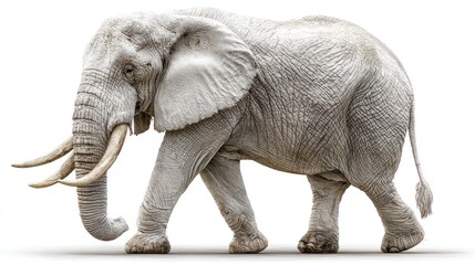 Obraz premium Realistic image of a majestic elephant with large tusks walking, isolated on white background