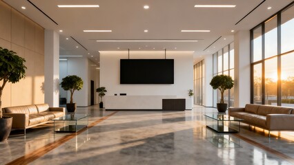 Spacious, sunlit office reception featuring contemporary design and comfy sofas.