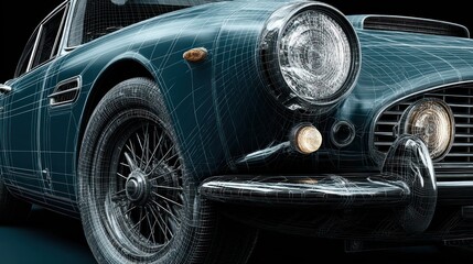 Detailed Wireframe of a Classic Car in Teal with Lights and Shadows on Black Background