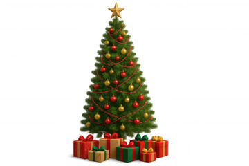 Naklejka premium Christmas tree with star topper, festive red and gold ornaments, and wrapped gift boxes, transparent background