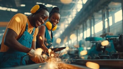 Two workers happily engaged in metalwork within a large industrial facility, sparks flying.