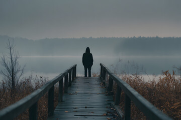 One young man in black clothes standing alone on wooden footbridge and staring at lake. Hooded guy. Peaceful atmosphere in nature. Enjoying fresh air in winter. Back view.