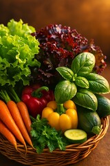 Morning-fresh organic greens in basket—great for farm-to-table or wellness branding.