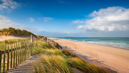 Obraz premium Stunning Tranquil Beach Landscape Coast Dune Beach Sea Panorama Wooden Fences On The Shore Sand And Green Grass