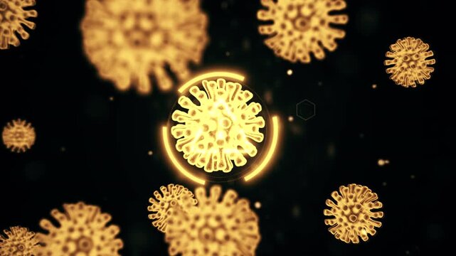 Influenza virus H1N1 yellow color cells are floating in black space background under magnification in an electron microscope. Viral disease abstract background. 3d rendering animation in 4K video.