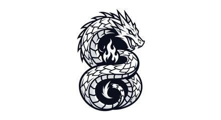 Monochrome serpentine dragon illustration with a fire emblem.