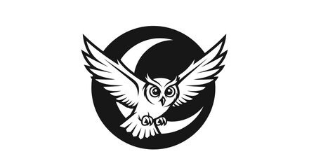 Stylized flying owl with spread wings on a crescent moon.