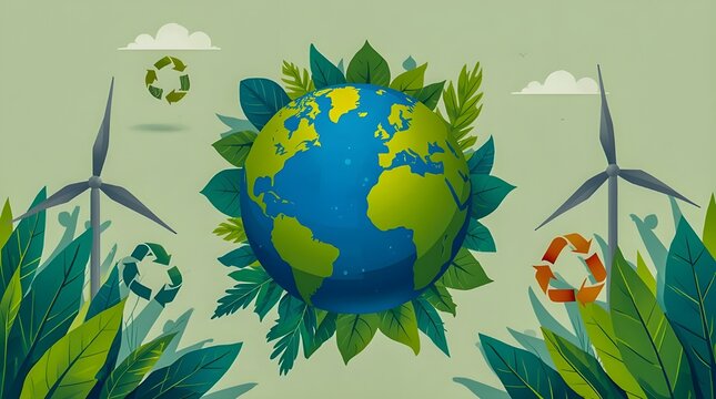 Earth Day Illustration with Recycle Symbol and Green Energy