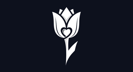 Elegant white tulip flower with heart symbol on black background.
