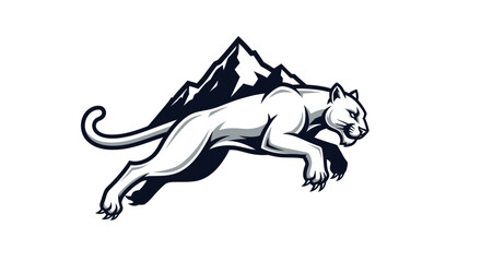 Fototapeta premium Powerful Mountain Lion Leaping with Mountain Backdrop in Striking Black and White.