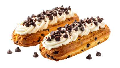Two chocolate-chip eclairs, topped with creamy white frosting, lie diagonally, against a black background.  Sprinkles of chocolate chips decorate the frosting