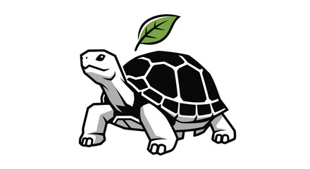 Cute Cartoon Tortoise with a Green Leaf on its Shell.